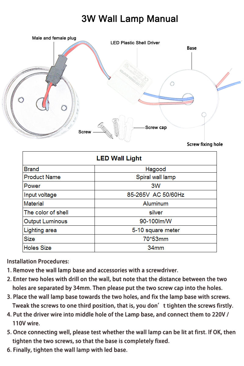3w Venta caliente Espiral Agujero Led Aplique de pared Lámpara de luz Fría Luz cálida