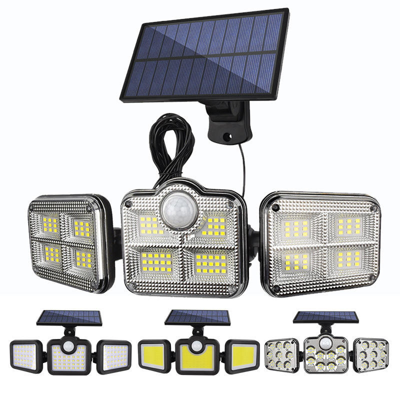 Hagood Exterior impermeable 3 cabezas Luz de pared Tres cabezas 83 COB Sensor solar LED Luces de seguridad alimentadas