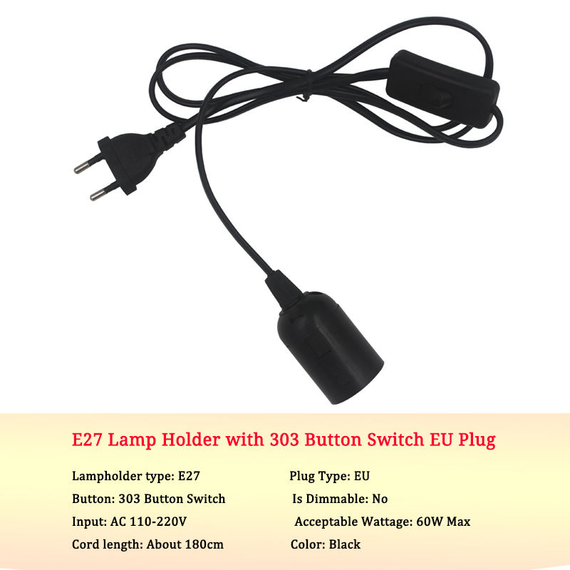 Cable estándar nacional de 0,75mm, interruptor 303 + E27, cabezal de lámpara desnuda, enchufe, botón de encendido, interruptor, Cable de línea, lámpara LED, modelo de enchufe europeo y estadounidense