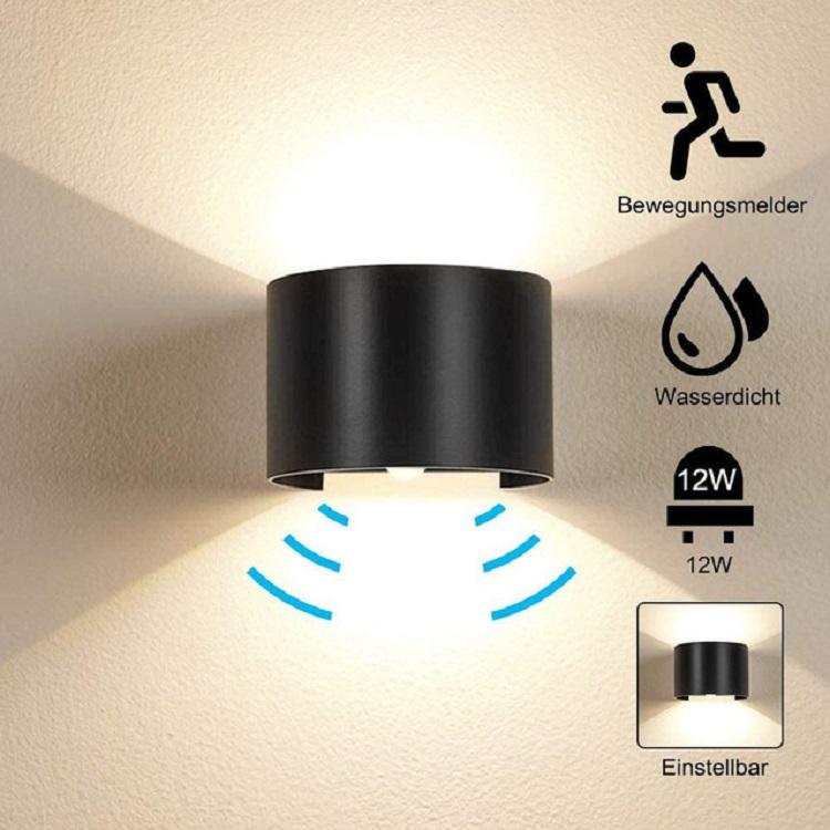 Sensor de movimiento 12W LED Aplique de pared Impermeable IP65 Porche Jardín Arriba y abajo Lámpara de pared Semicircular Lámpara de pared impermeable