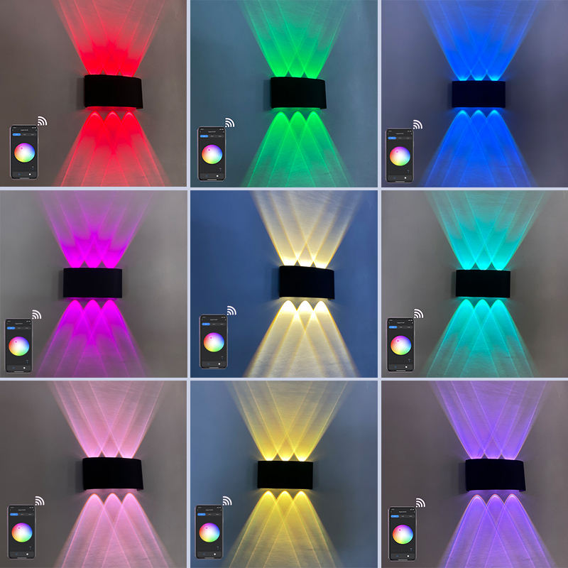 6W RGBW APP Control en forma de arco al aire libre impermeable arriba y abajo LED lámpara de pared inteligente aluminio moderno aplique de pared iluminación luz de pared
