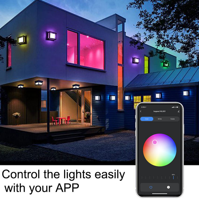 Aplique Hagood RGBW LED-Wandleuchte Aplique exterior de alta calidad Wifi Lámpara de pared impermeable Cambio de color por lámpara de aplicación inteligente buena