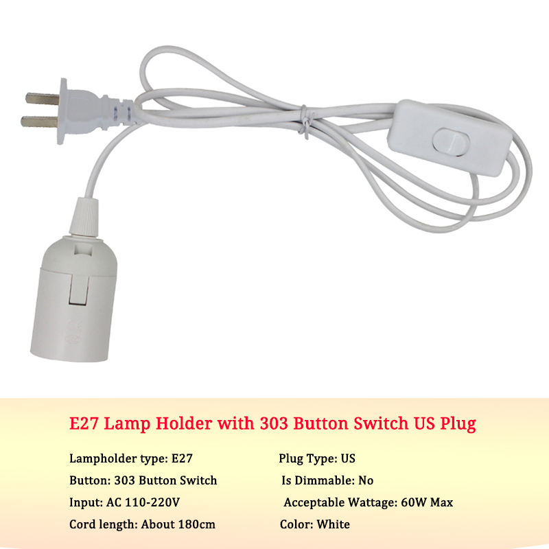 Cable estándar nacional de 0,75mm, interruptor 303 + E27, cabezal de lámpara desnuda, enchufe, botón de encendido, interruptor, Cable de línea, lámpara LED, modelo de enchufe europeo y estadounidense