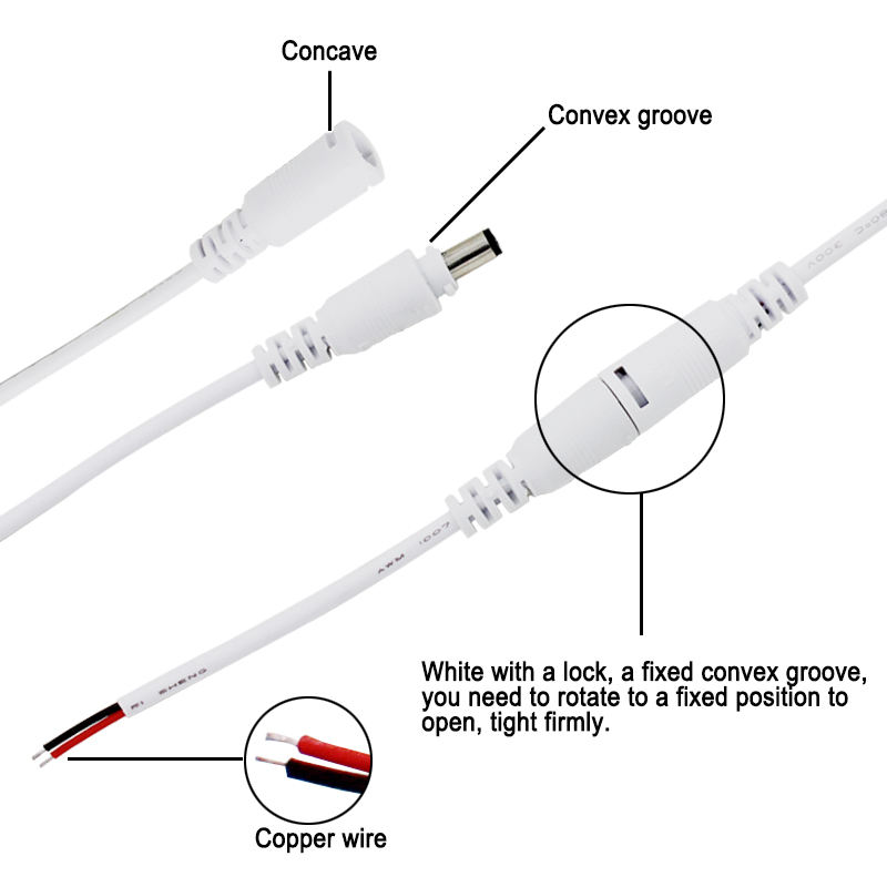 Enchufe de cabeza macho y hembra de CC, conector de alimentación de CC, hebilla de bloqueo del adaptador, línea de conector de cableado de fuente de alimentación