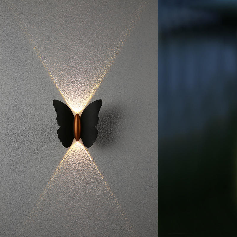 Luz de pared con forma de mariposa de 6W Negro + dorado Arriba y abajo Luminoso Luz exterior Patio Jardín Sala de estar Pasillo Escalera Fondo Lámpara de pared LED impermeable