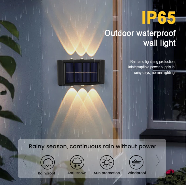  Luz de pared solar de 6LED hacia arriba y hacia abajo, decoración para exteriores, jardín, patio, luz de pared para el hogar, artículos luminosos impermeables para exteriores