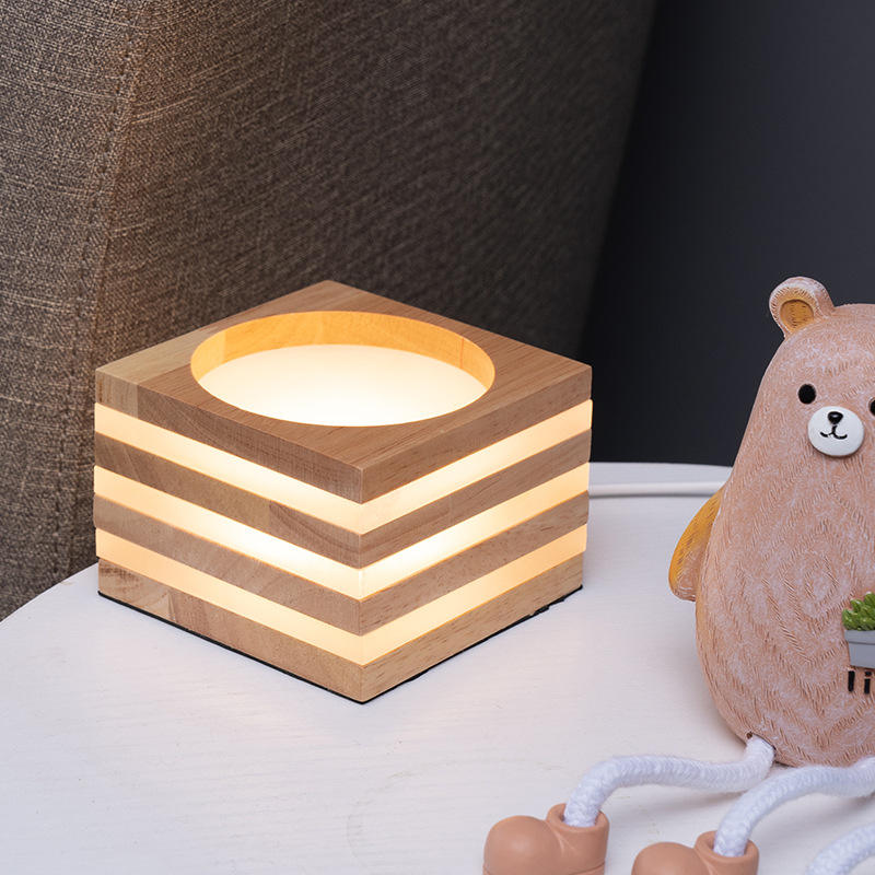 Lámpara de mesa LED de luna, lámpara de bola de mesa de madera, bola de lino regulable, pantalla de ratán, USB, luz de noche para dormitorio, decoración del hogar