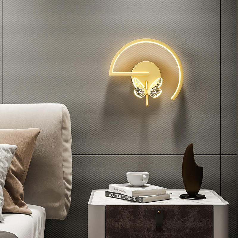 Lámpara de pared de mariposa, dormitorio de lujo, mesita de noche, fondo de sala de estar minimalista moderno, pasillo creativo nórdico, pasillo, TV, interior