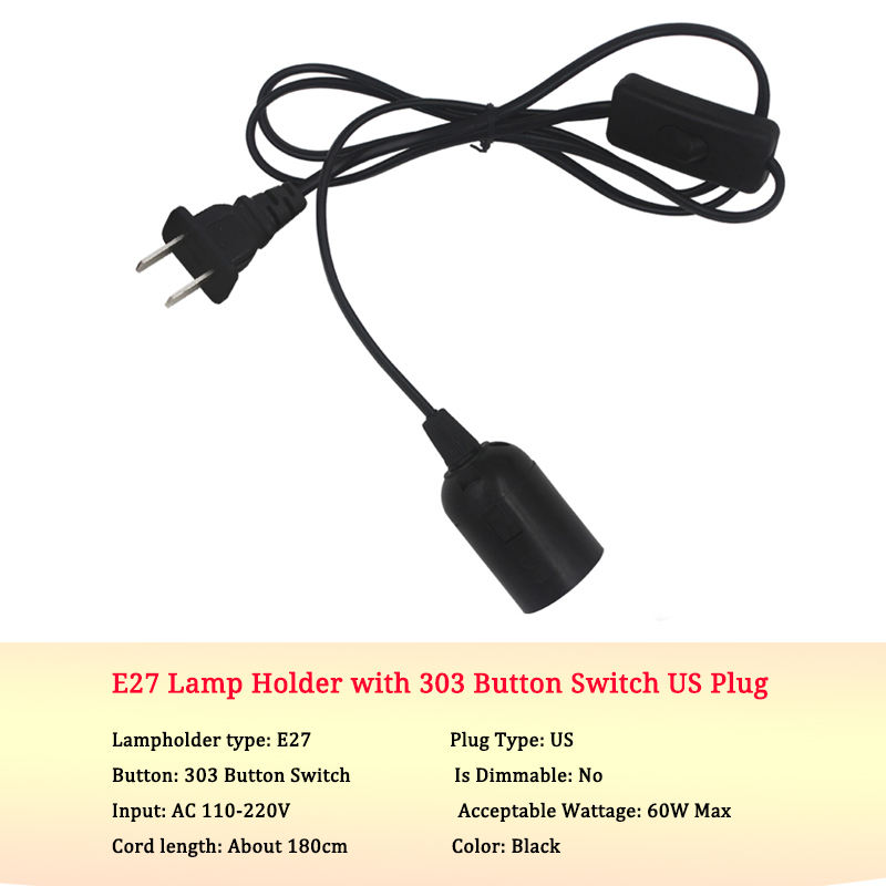 Cable estándar nacional de 0,75mm, interruptor 303 + E27, cabezal de lámpara desnuda, enchufe, botón de encendido, interruptor, Cable de línea, lámpara LED, modelo de enchufe europeo y estadounidense