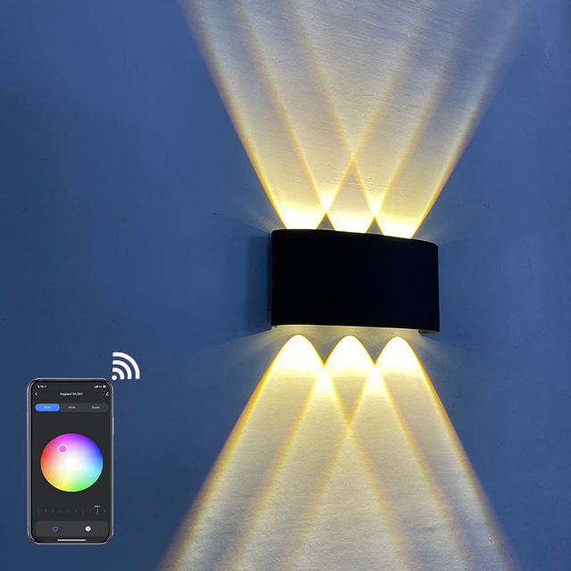 RGBW APP Control Smart Light en forma de arco al aire libre impermeable arriba y abajo LED lámpara de pared inteligente aluminio moderno aplique de pared iluminación luz de pared