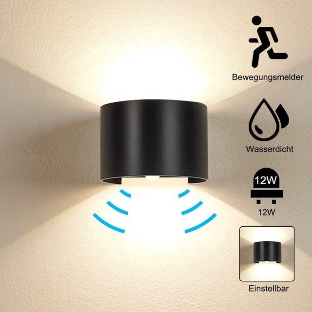 Sensor de movimiento 12W LED Aplique de pared Impermeable IP65 Porche Jardín Arriba y abajo Lámpara de pared