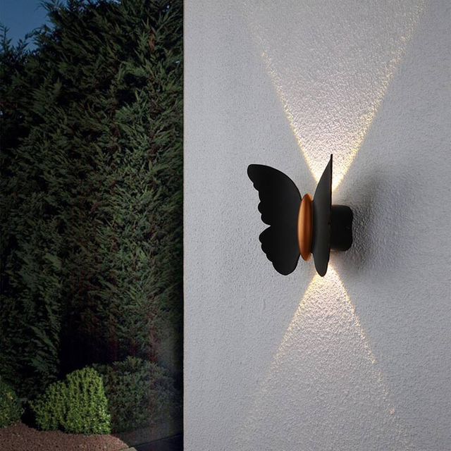 NUEVA lámpara de alta calidad de 6 W, lámpara elegante de mariposa a prueba de agua, lámpara de pared de concha de oro negro y luz nocturna para exteriores