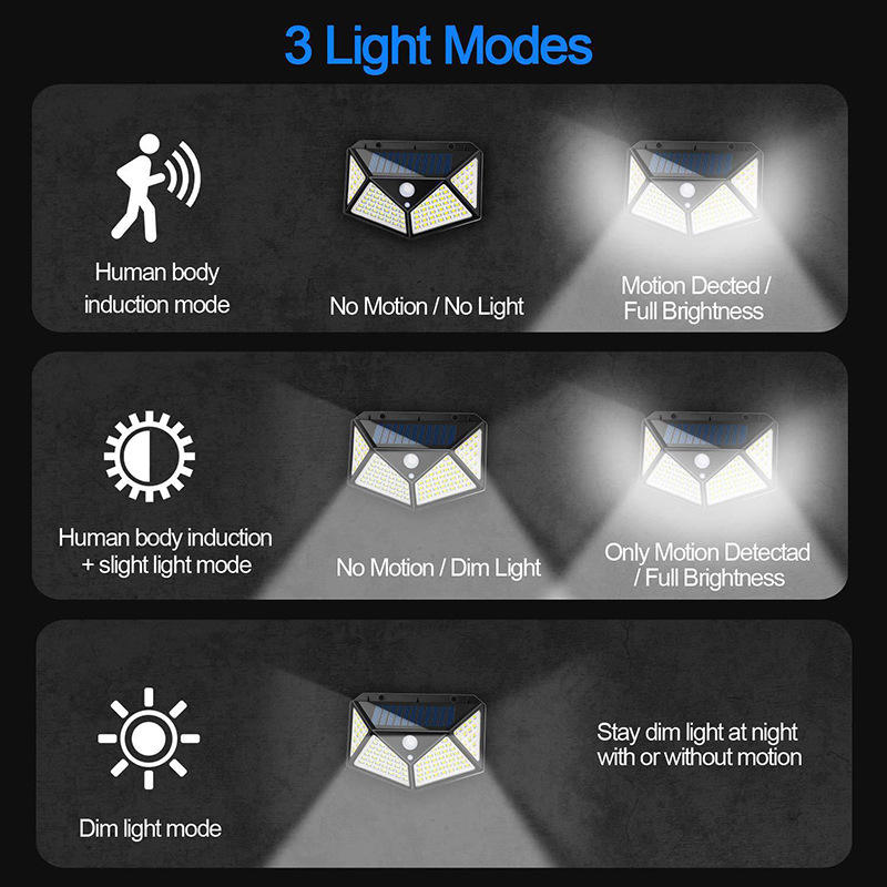 100 luces de pared solares LED Lámpara solar al aire libre Sensor de movimiento PIR Luz de calle solar alimentada por energía solar para luz de jardín