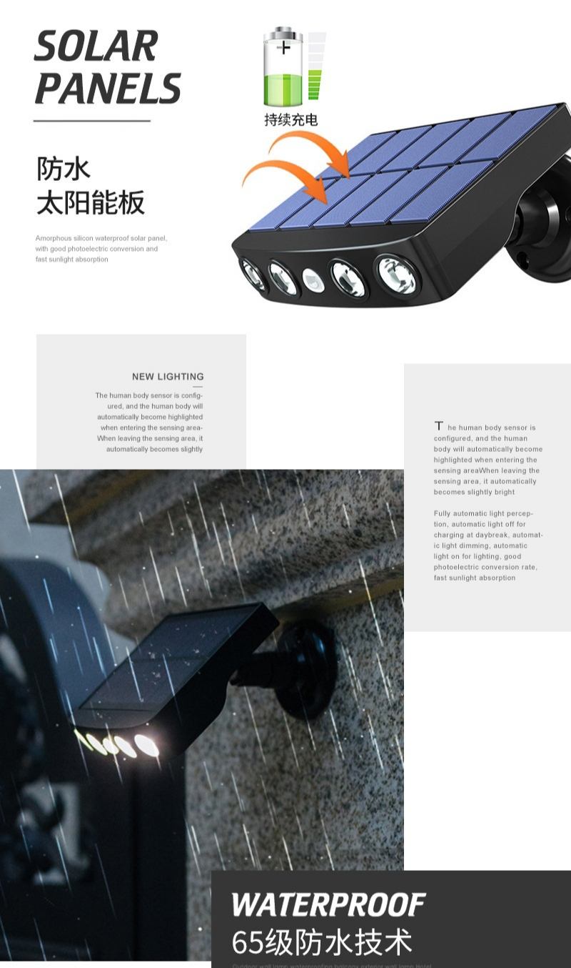 Nuevo tipo de lámpara de pared Solar de monitoreo inductivo, lámpara impermeable para exteriores para Villa, patio, valla de jardín al aire libre, lámpara de paso de escalera