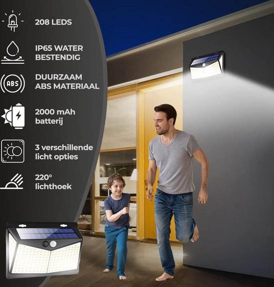 Lámpara solar para exteriores con sensor de movimiento Lámpara de pared solar 208 LED Iluminación de jardín impermeable con sensor para exteriores