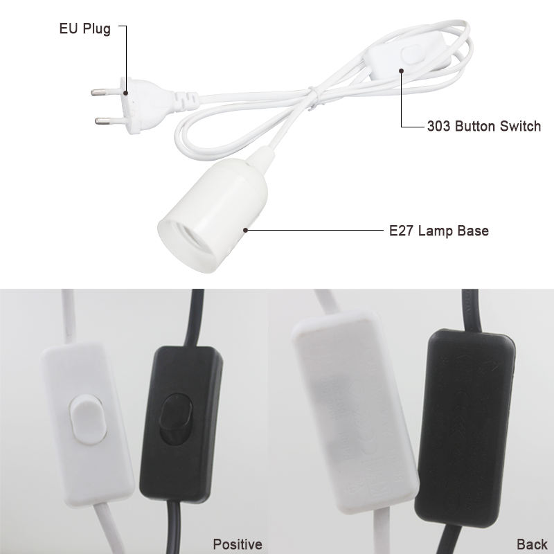 Cable de alimentación de 1,8 m, Bases de lámpara E27, enchufe europeo con cable de interruptor para bombilla LED colgante, soporte de enchufe de suspensión para lámpara colgante e27