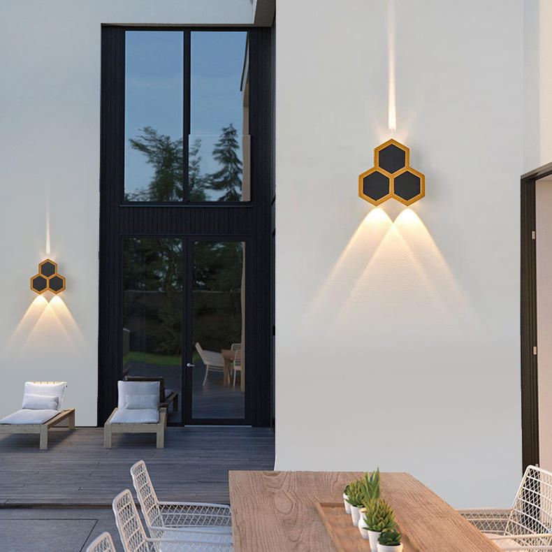 Lámpara de pared de jardín de 2W, 3W, 5W, 6W, 7W, 8W, lámparas de pared Led de nido de abeja dorado y negro, lámpara de cuerpo luminoso arriba y abajo, estilo de iluminación, oficina moderna