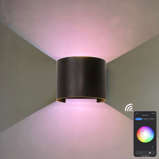 RGB APP 9W Control TUYA APP LED aplique de pared impermeable IP65 porche jardín arriba y abajo lámpara de pared Semicircular lámpara de pared impermeable