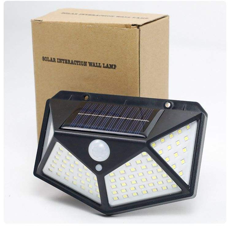 Lámpara de pared solar 100LED para patio, lámpara solar emisora ​​de luz lateral de cuatro lados, lámpara de exterior impermeable de inducción de cuerpo humano