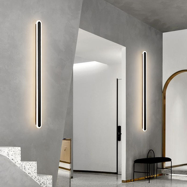 Lámpara de pared de línea LED minimalista moderna, dormitorio, mesita de noche, sofá, baño, espejo de fondo, lámpara decorativa, luces acrílicas de hierro Mrought