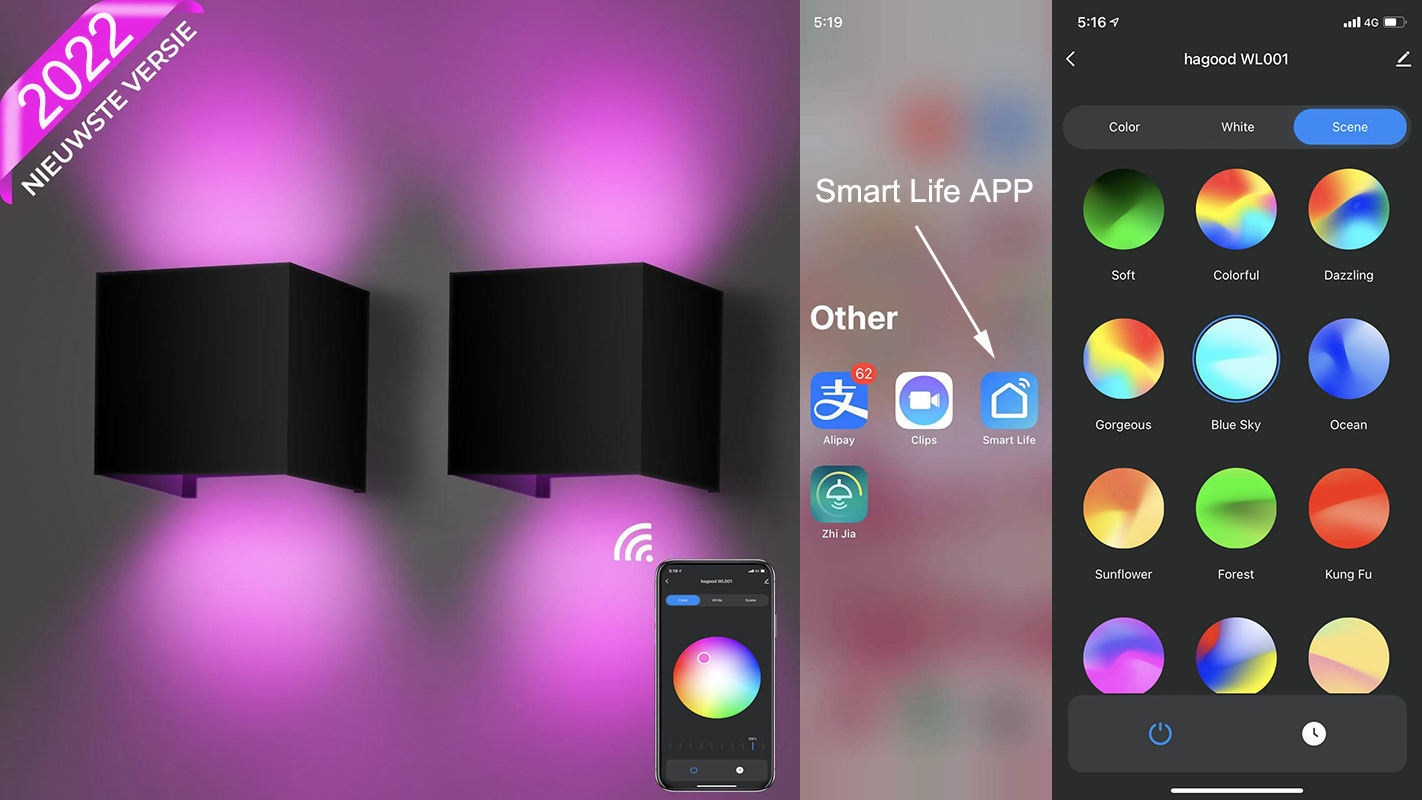 Lámpara de pared RGB inteligente para exteriores, lámpara de pared RGB que cambia de Color regulable, resistente al agua, IP65, haz de luz ajustable, lámpara para exteriores