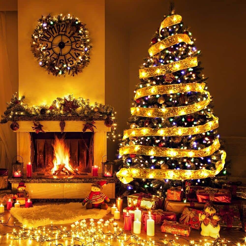 Cinta de luces LED, adornos para árboles de Navidad, guirnalda de luces de hadas, lazo de encaje DIY para Navidad, hogar, Año Nuevo, lámpara de decoración de Navidad