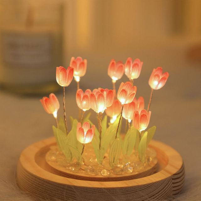 Luz de noche de tulipán hecha a mano, película termorretráctil, Material DIY, flor Artificial, luz de noche de tulipán, decoración del hogar, regalo para Gitlfriend