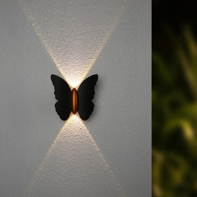 Luz de pared con forma de mariposa de 6W Negro + dorado Arriba y abajo Luminoso Luz exterior Patio Jardín Sala de estar Pasillo Escalera Fondo Lámpara de pared LED impermeable