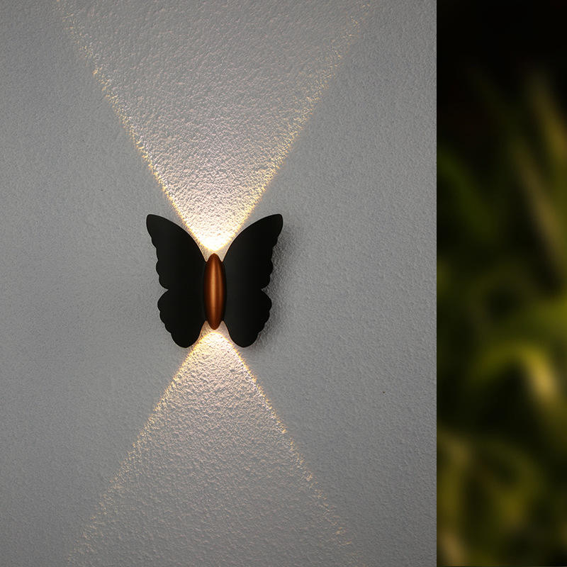 Luz de pared con forma de mariposa de 6W Negro + dorado Arriba y abajo Luminoso Luz exterior Patio Jardín Sala de estar Pasillo Escalera Fondo Lámpara de pared LED impermeable